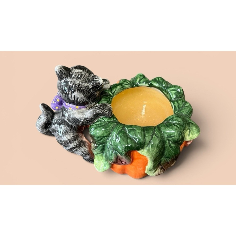Fitz & Floyd Essentials Halloween Kitty Pumpkin Candle Holder Jar Jack-O-Lantern - Picture 8 of 12